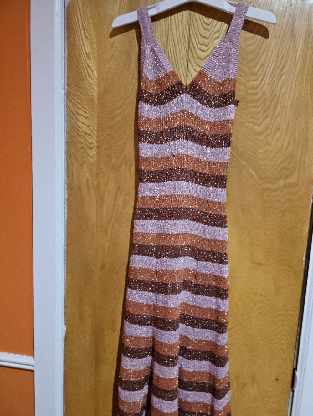 kate spade Metallic Striped V-Neck Maxi Dress in Pink & Brown